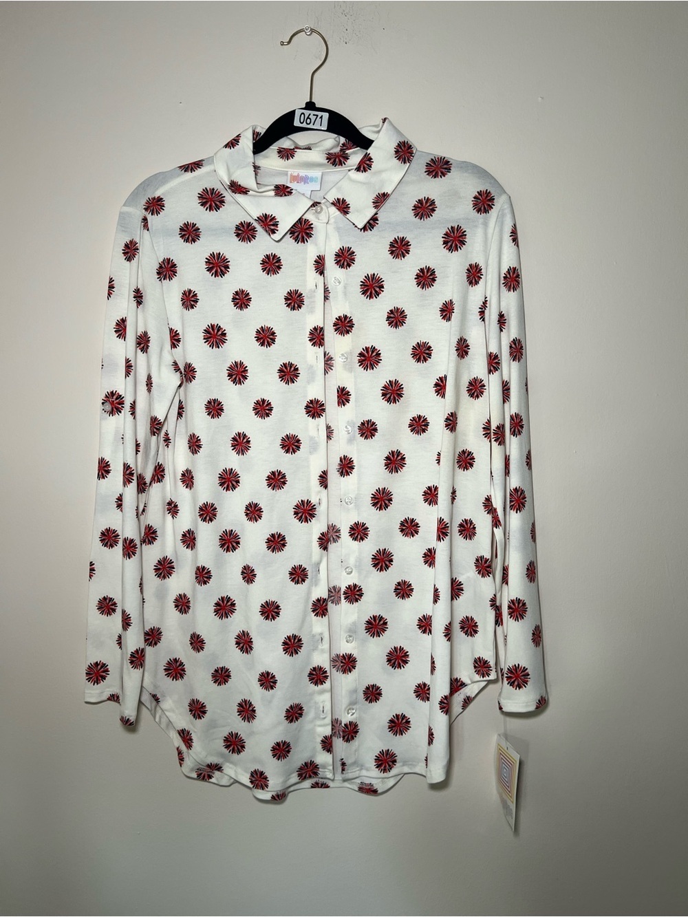 LuLaRoe Valentina Women's White Button-Up Shirt with Print